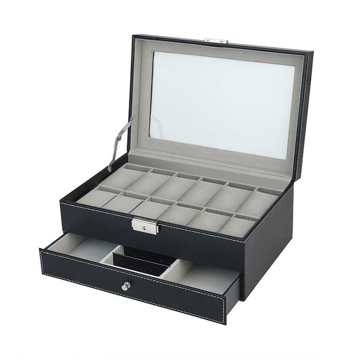Horlogecollectiebox, combinatiebox voor horloges en sieraden, lederlook, ruimte voor 12 horloges, kleur: zwart-grijs