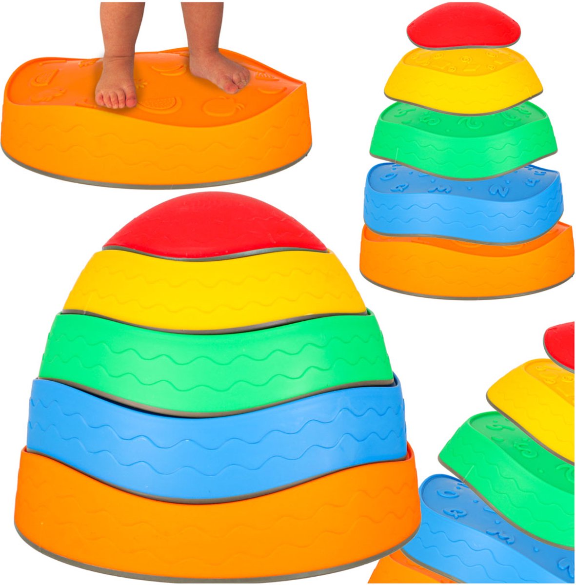 Playos® - Stapstenen - 5 delig - Kleurrijk - Balansstenen - 133 x 34 cm - tot 75 kg - Antislip - met Verschillende Texturen - Rivierstenen - Balansspeelgoed - Balanceren - Motoriek - Montessori Speelgoed - Sinterklaas