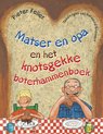 Boek kaft met illustratie van een jongen en opa die boterhammen eten. "Matser en opa en het knotsgekke boterhammenboek" door Pieter Feller.