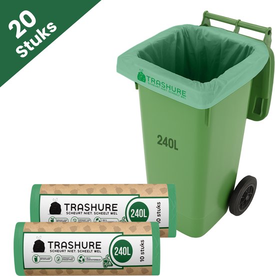 Twee opgerolde groene 240L afvalzakken voor een groene vuilnisbak.