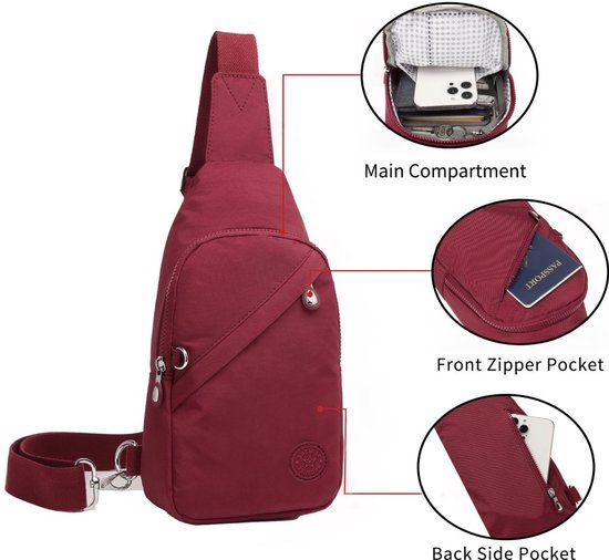 Bordeauxrode crossbodytas met hoofdvak, voorvak met rits en achtervak met rits.