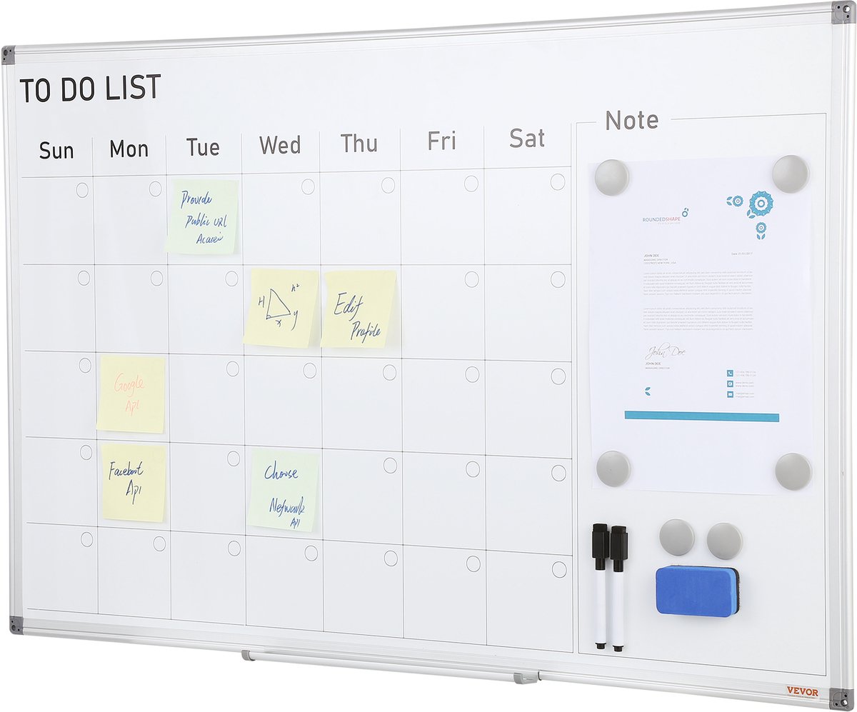 VEVOR Kalender Whiteboard Beschrijfbaar Magneetbord 915 x 610 mm, Memobord Whiteboard incl. 2 Whiteboard Pennen + 6 Magneten + 1 Magnetische Wisser, Whiteboard Droog Uitwisbare Takenlijst Kantoor