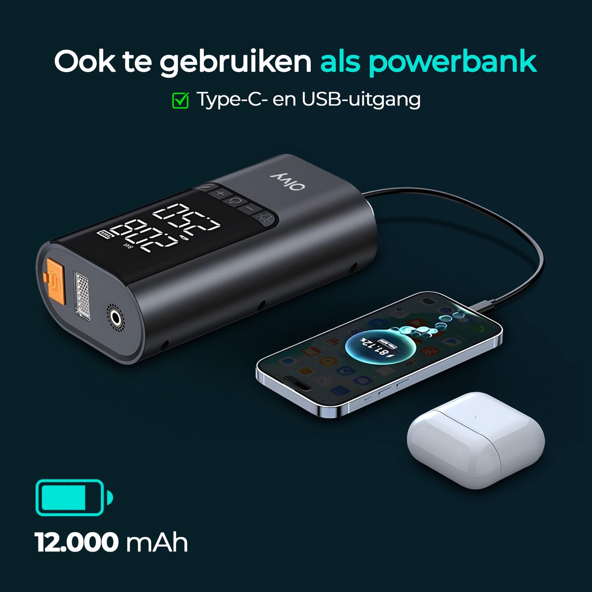 12V Jumpstarter voor Auto - met Compressor - 1500A - 4-in-1 Starthulp