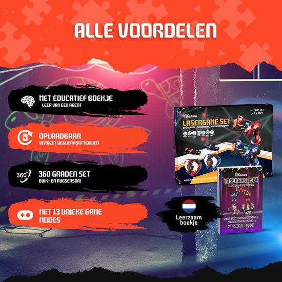 Voordelen: educatief boekje, oplaadbaar, 360 graden set met vesten, 13 gamemodes.