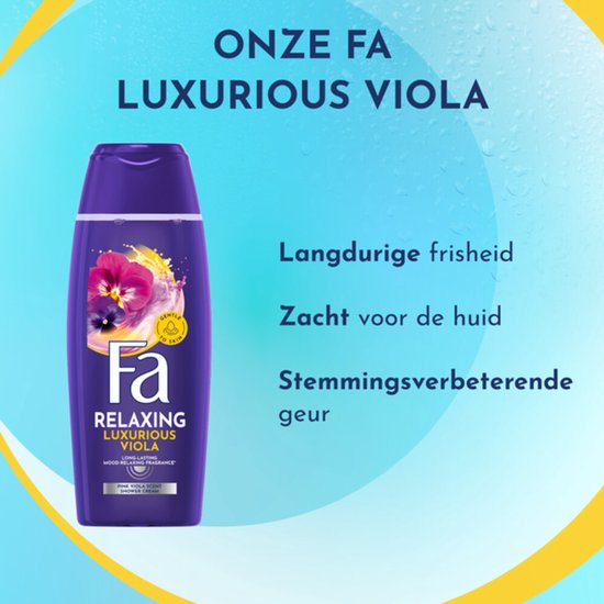 Fa Luxurious Viola douchecrème met tekst over langdurige frisheid, zacht voor de huid en stemmingsverbeterende geur.