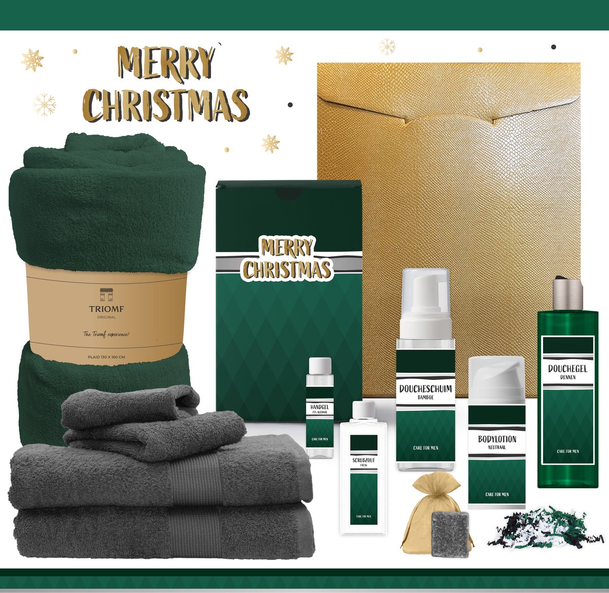Geschenkset "Merry Christmas" - 11 Producten - 2000 Gram | Cadeau Man - Luxe Kerst Cadeaubox voor hem - Giftset Fijne feestdagen - Cadeaupakket Prettige Kerstdagen - Kerstcadeau - Kerstpakket Cadeau - Relatiegeschenk - Gift Goud Groen
