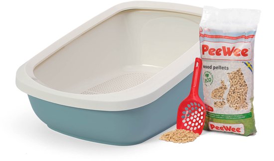 Peewee grote XXL kattenbak systeem EcoGranda startpakket - in een nieuwe trendy pastelkleur marlin blauw / crème - incl. Peewee korrels + schepje – 66,5 x 48,5 x 46,5 cm