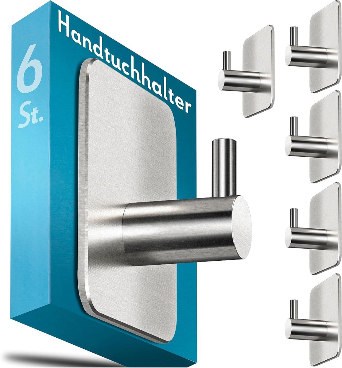 Famanu - Handdoekhaken zonder boren, 6 stuks, rvs, waterdicht, zelfklevend, modern design