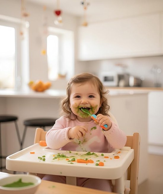 Een baby meisje met een roze trui eet met een lepel wortel- en erwtenpuree, haar gezichtje is besmeurd.
