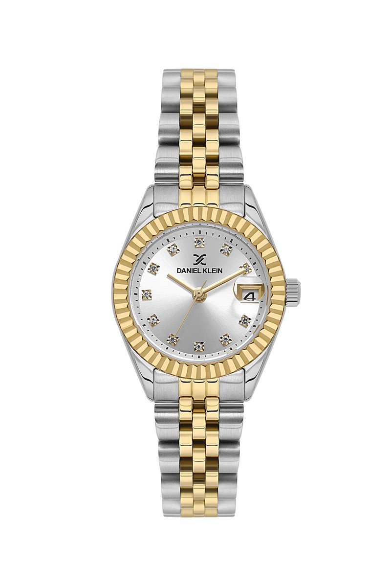 Daniel Klein DK.1.13969-6 - Horloge - Polshorloge - Analoog - Dames - Vrouwen - Rond - Stalen band - Metaal - Cijfers - Briljant - Vierkantjes -Datumaanduiding - Zilverkleurig - Goudkleurig - Wit - Zwart