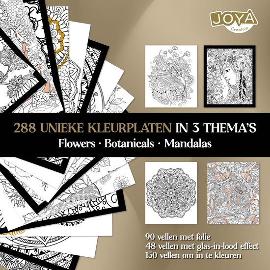 Luxe Kleurboek Voor Volwassenen - 288 Kleurplaten - Foliedruk Kleurplaten - Glas in lood effecten - Formaat 25x20cm - Botanisch, Dieren en Mandala kleurplaten - Creatief ontspanning voor Volwassenen - Joya Creative