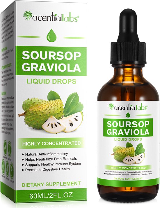 Doos en flesje met soursop graviola liquid drops, met afbeeldingen van soursop fruit en bladeren.