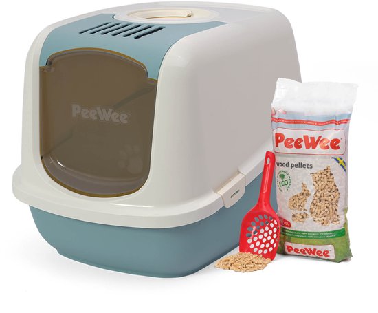 Peewee grote XXL kattenbak systeem Ecodome startpakket - in een nieuwe trendy pastelkleur marlin blau / crème - incl. Peewee korrels + schepje – 66,5 x 48,5 x 46,5 cm