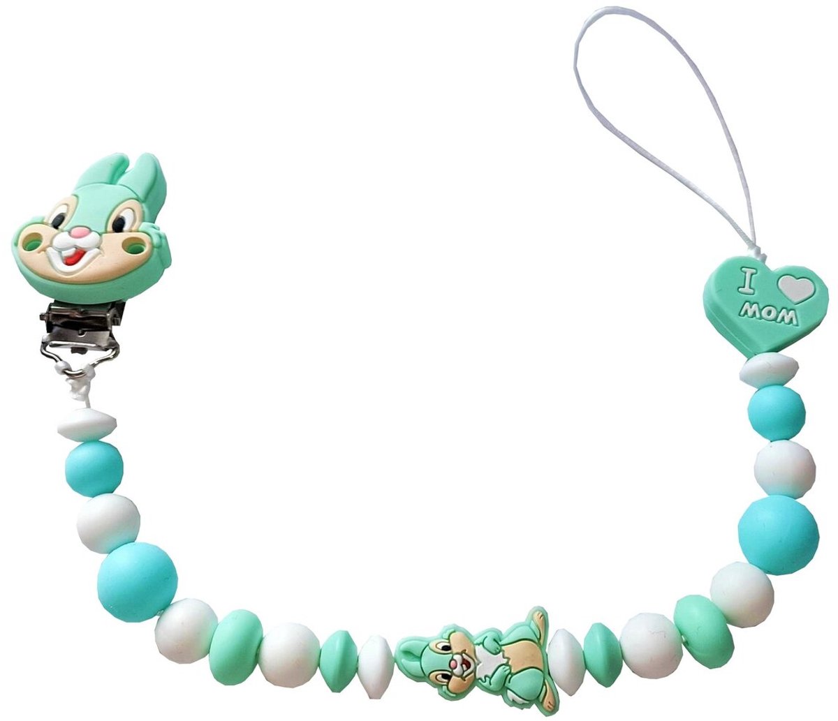 Speenkoord met stamper konijntje – Handgemaakt siliconen speenkoord met dubbele draad – Mintgroen babyaccessoire met “I  Mom” hartje