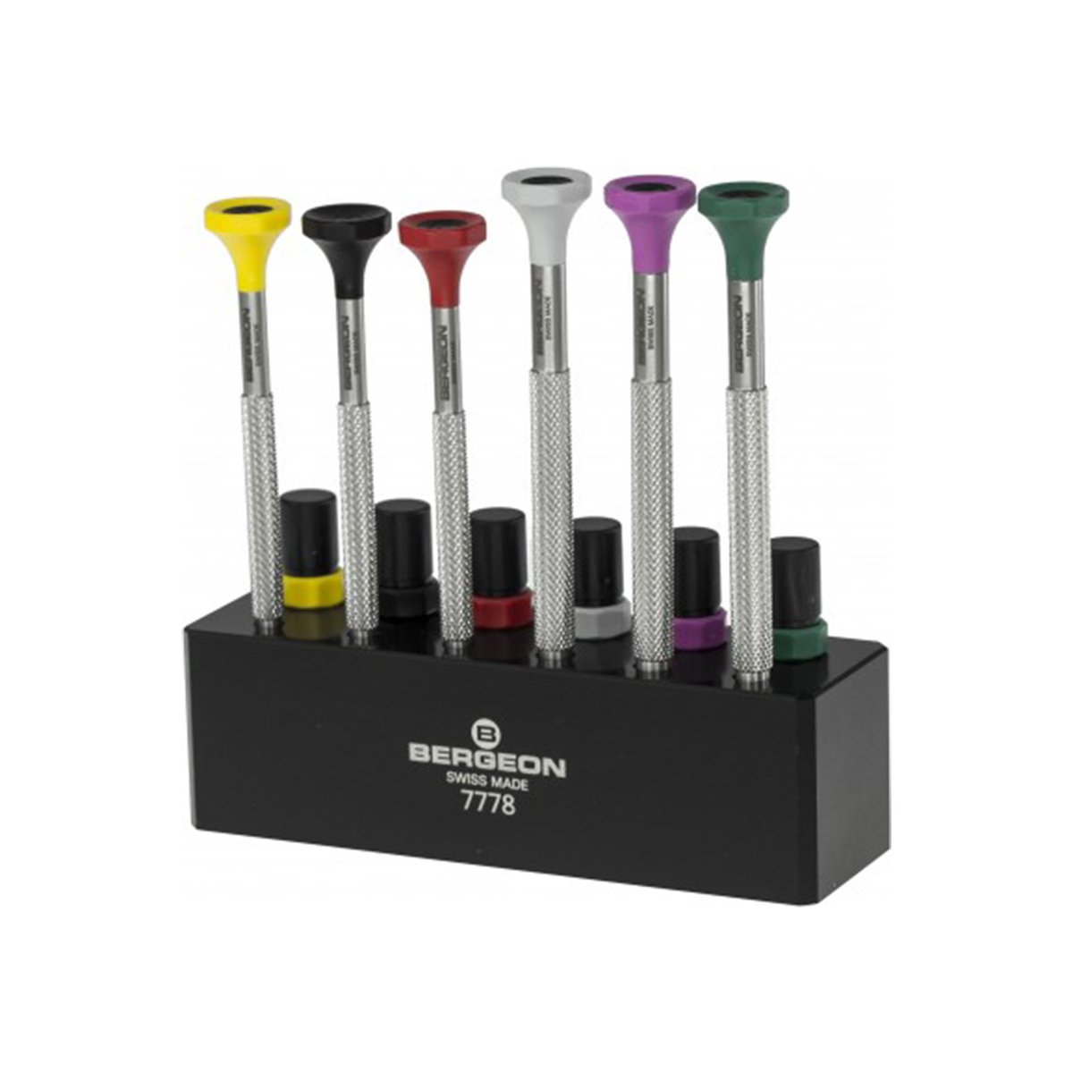 Bergeon 7778 Schroevendraaierset Inox, 6-delig op kunststof basis, diameter 0,6 tot 2 mm, inclusief reservemesjes