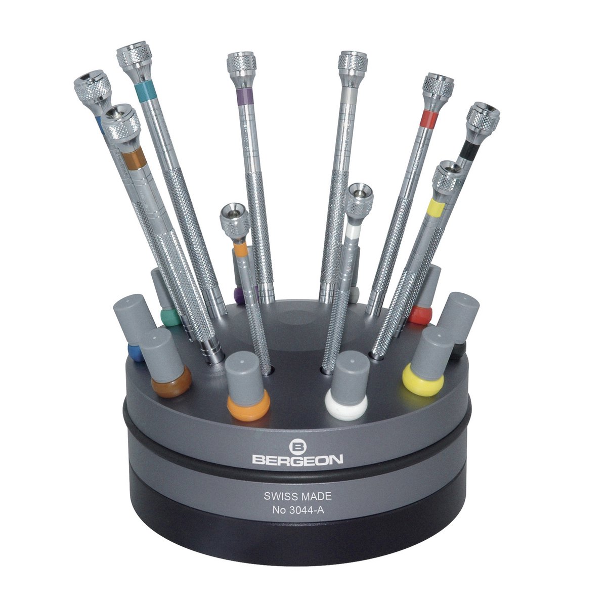 BERGEON schroevendraaierassortiment - 10 schroevendraaiers met roterende kop - roterende basis - rubberen basis - reservebladen - speciaal gereedschap voor horlogemakers