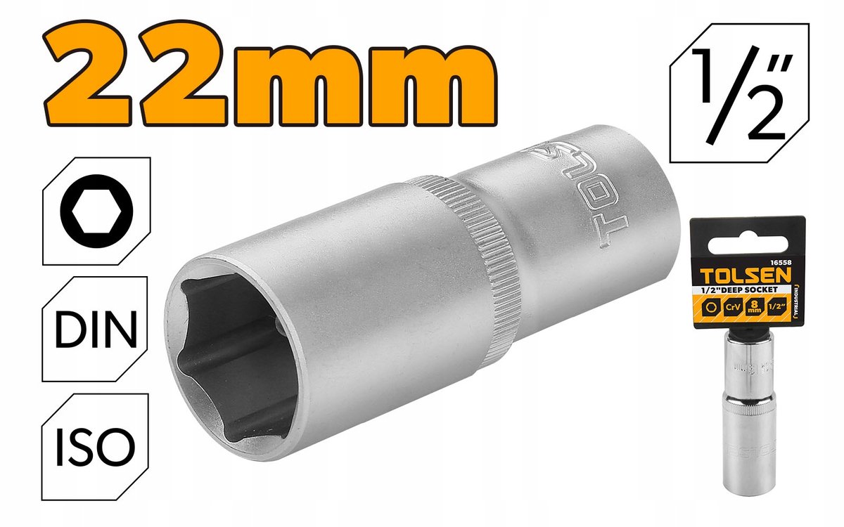Tolsen lange dop 22 mm 1/2" Cr-V staal - hoge kwaliteit