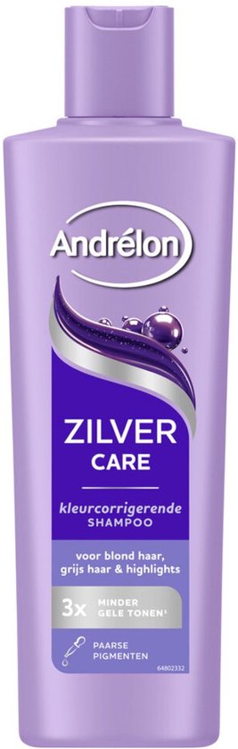 Andrélon Zilver Care shampoo, een paarse fles met paarse en zilveren accenten. Voor blond, grijs haar & highlights.