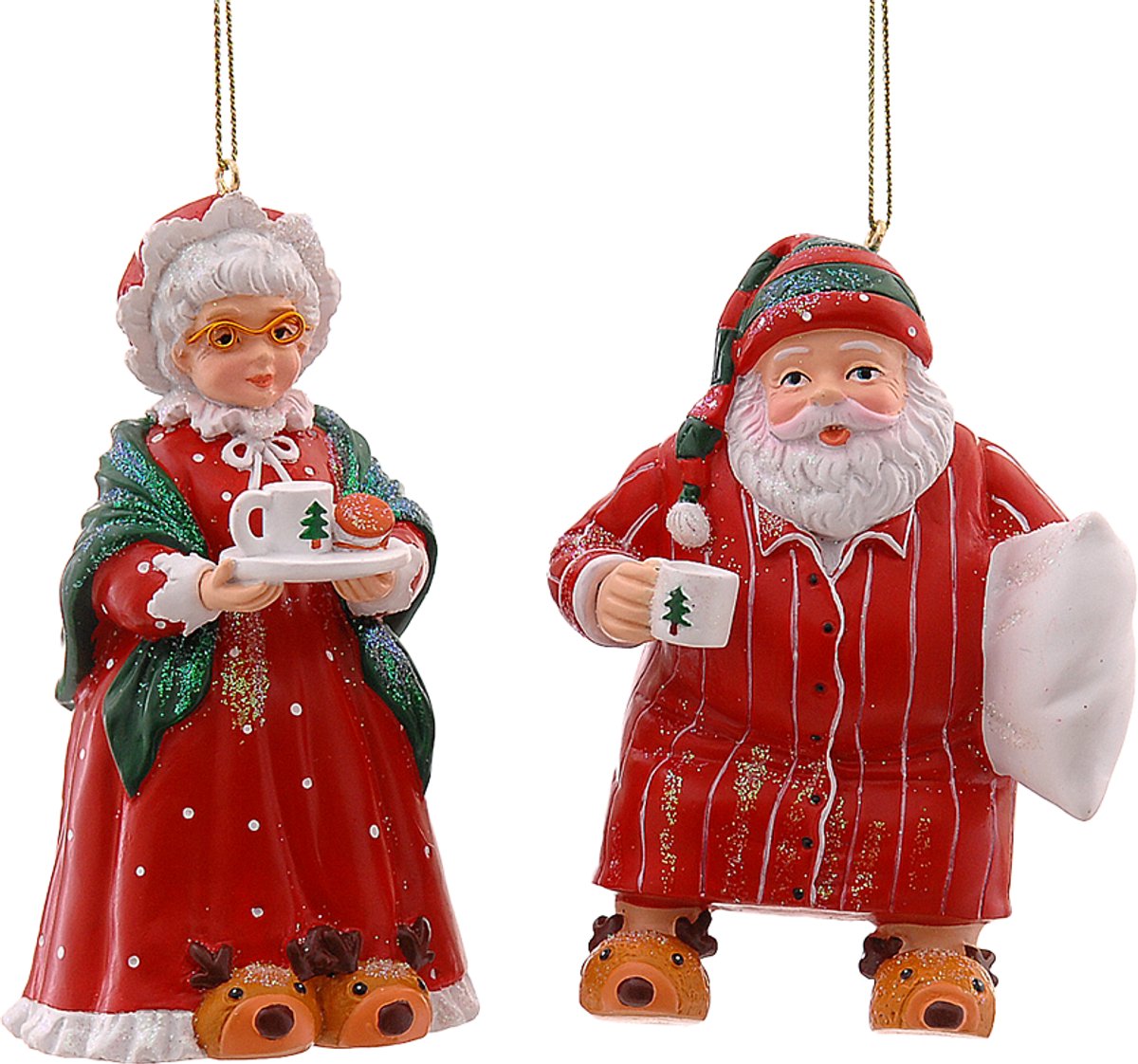 Viv! Christmas Kerstornament - Mr. & Mrs. Claus in Pyjama - set van 2 - rood - 10cm