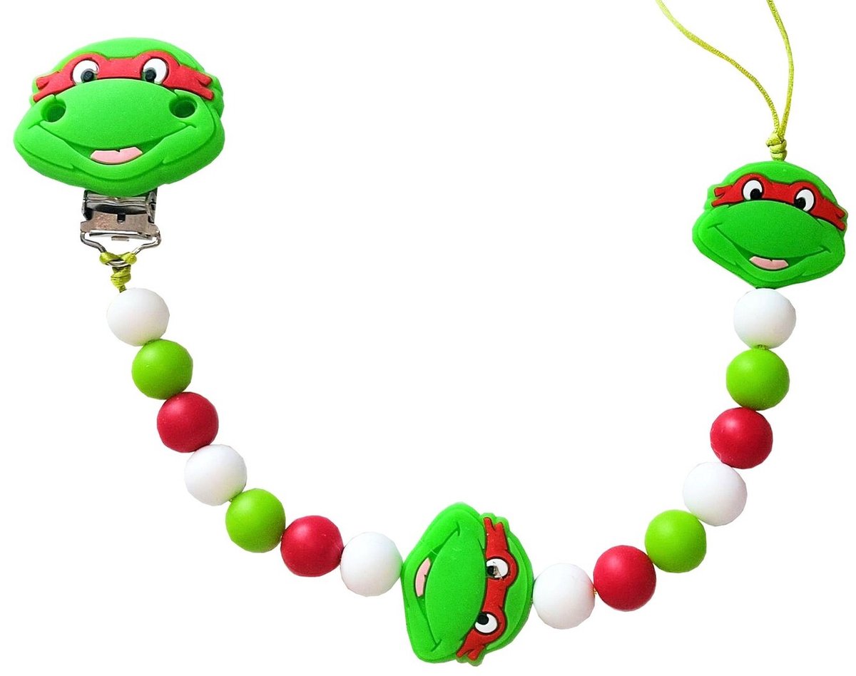 Fopspeenkoord “Ninja Turtle” – Handgemaakte Siliconen Speenclip met Dubbele Draad rood