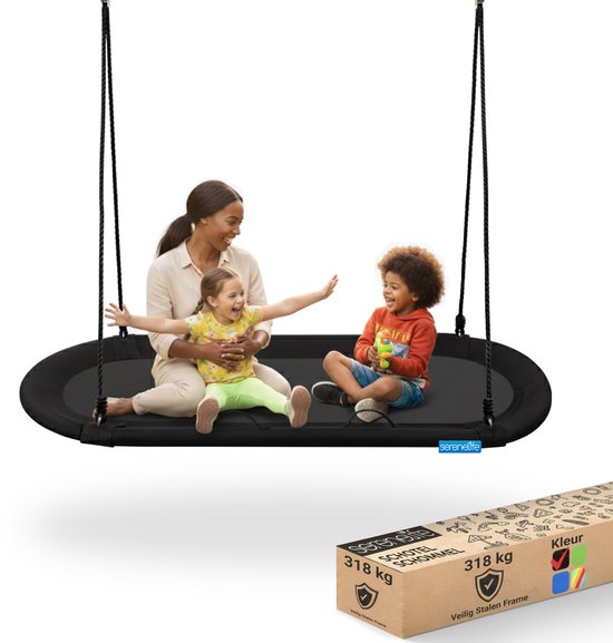 Balançoire Nest Ovale SereneLife 170 cm – Balançoire d'extérieur avec kit de suspension, sac de transport et siège pivotant – Résistante aux intempéries et déperlante – Jusqu'à 317 kg – Zwart