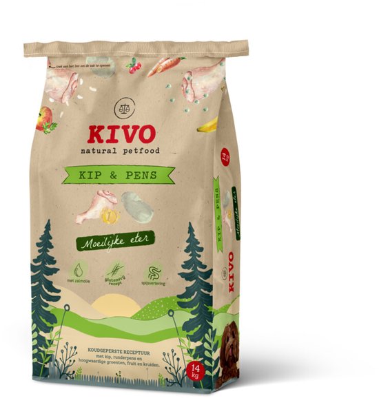 Een bruine papieren zak Kivo Kip & Pens hondenbrokken, 14kg, met afbeelding van een hond en illustraties van ingrediënten.