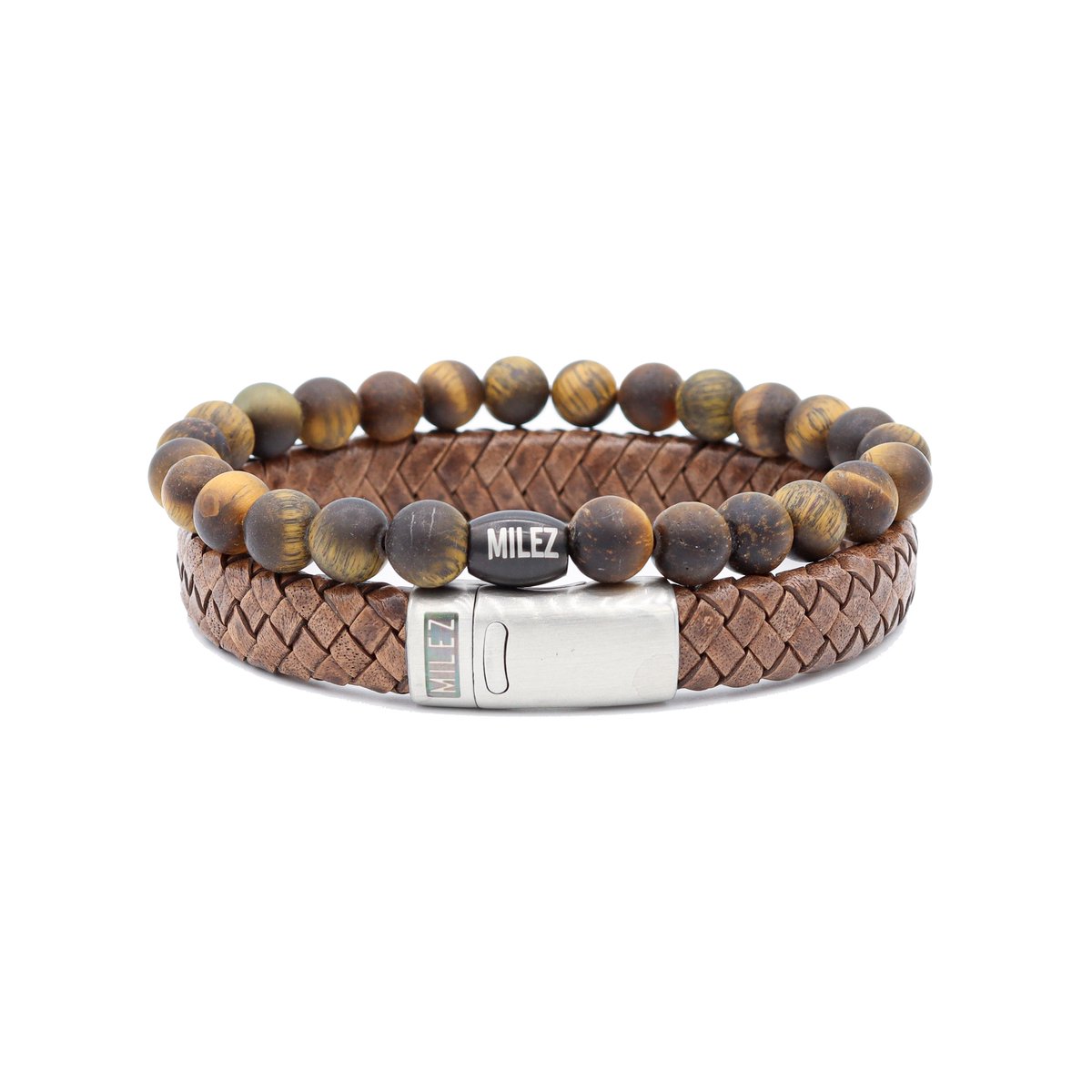 Milez - Armband set mannen - armband heren leer kralen - Bruin-tijgeroog - Maat M