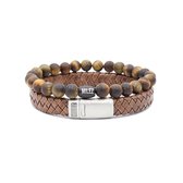 Milez - Armband set mannen - armband heren leer kralen - Bruin-tijgeroog - Maat M