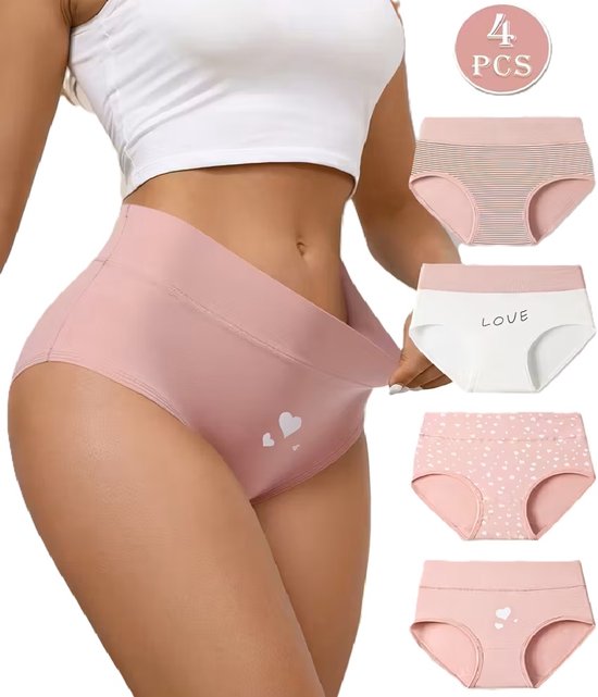 Set de 4 Sous-vêtements Culottes haute pour femme - Rose et Wit à Hartjes - Katoen doux, confortable et respirant - Taille M