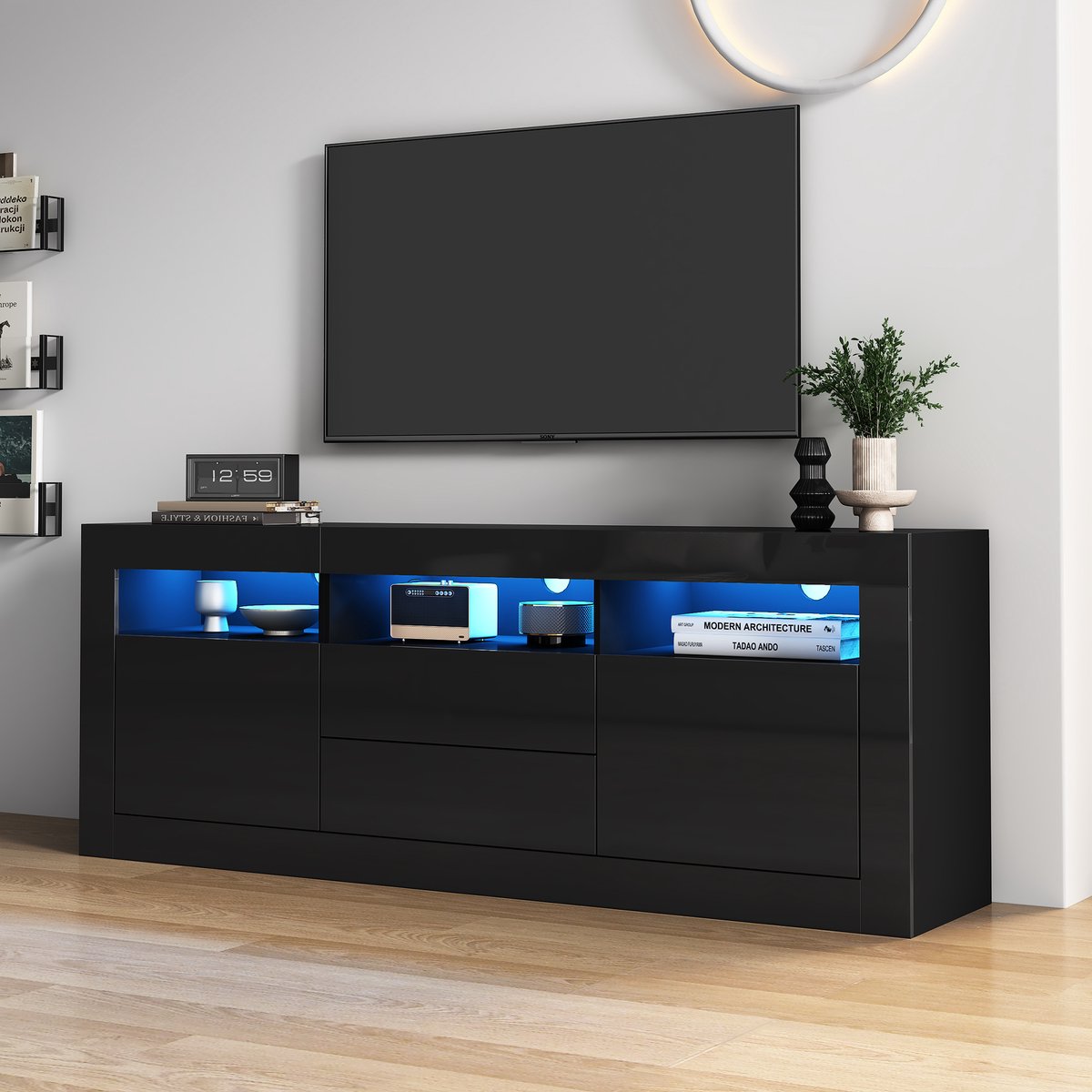 HAUSS SPOLE TV meubel - TV-kast hoogglans met LED-verlichting en Smart App bediening - Voo