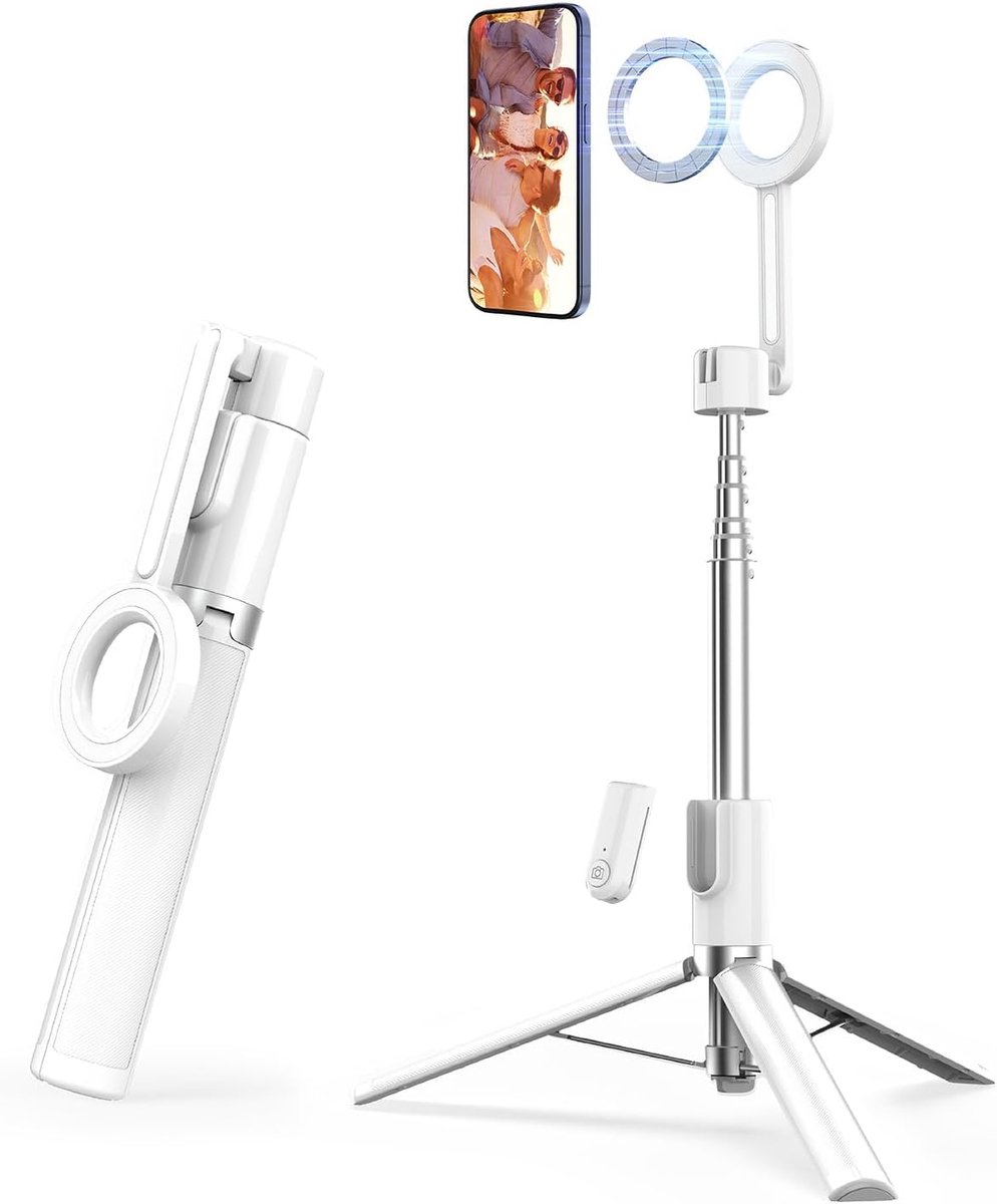 Telefoon Statief - SelfieStick Tripod met Bluetooth Afstandsbediening - 110 cm Verstelbaar - Incl. Bluetooth Afstandsbediening - Wit