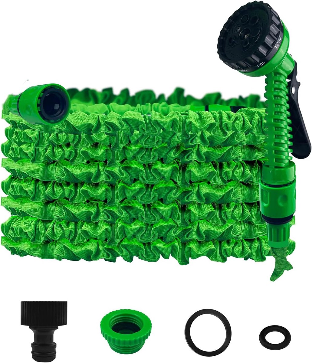 7-5 m/25 ft uitrekbare tuinslang- flexibele uitrekbare tuinslang voor thuis- gazon en auto met professionele sproeikop met 8 functies (7-5 m/25 ft- groen)