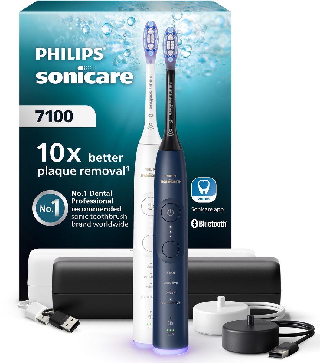 Philips Sonicare 7100 series - Elektrische Tandenborstel - Wit & Blauw - Duopack - Reisetui - HX7429/01