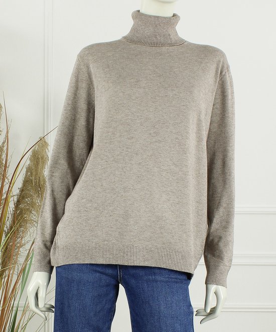 Dames col trui Roba-effen taupe melee bruin-fijngebreid-maat L/XL-koltrui-coltrui