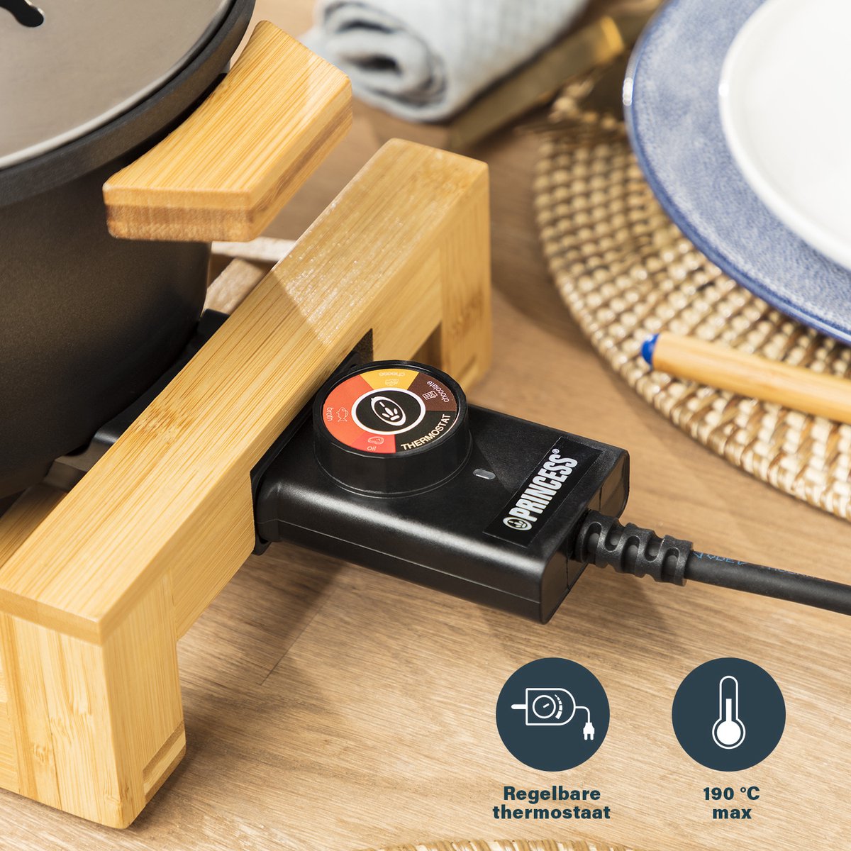 Princess Fonduepan 173025 – Elektrische fondueset - 8 personen - Geschikt voor kaas, olie, chocolade en bouillon - 2 meter snoer - Regelbare thermostaat - Bamboe – 1.5 liter — cadeau in Kookcadeaus - foto 5