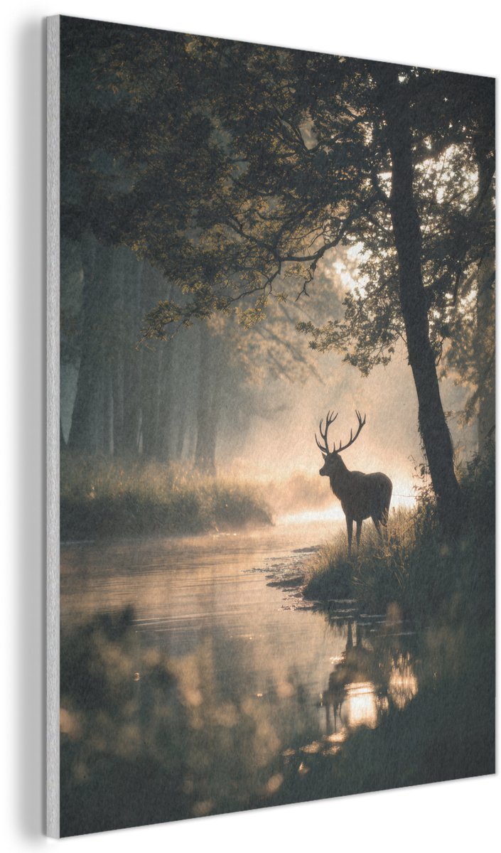 Akoestisch wandpaneel 70x100 cm - Vilt schilderij Hert - Bosbeek - Mystiek - Akoestische panelen - Geluidsdempende wanddecoratie - Geluidsisolatie woonkamer - Muurdecoratie geluidspanelen
