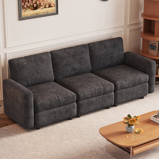 Canapé Guyii Meubella, canapé 3 places moderne gris foncé – Garnissage en mousse moelleuse, pieds stables, confortable et respirant – Dimensions : 229 cm