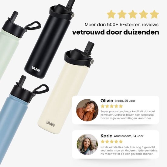 VANN® 3-Wandige RVS Drinkfles 650 ML met rietje voor volwassenen – Met 5 accessoires – Thermosfles – 24 uur koud/12 uur warm – Satin Noir – VANN Ultimate Bottle®