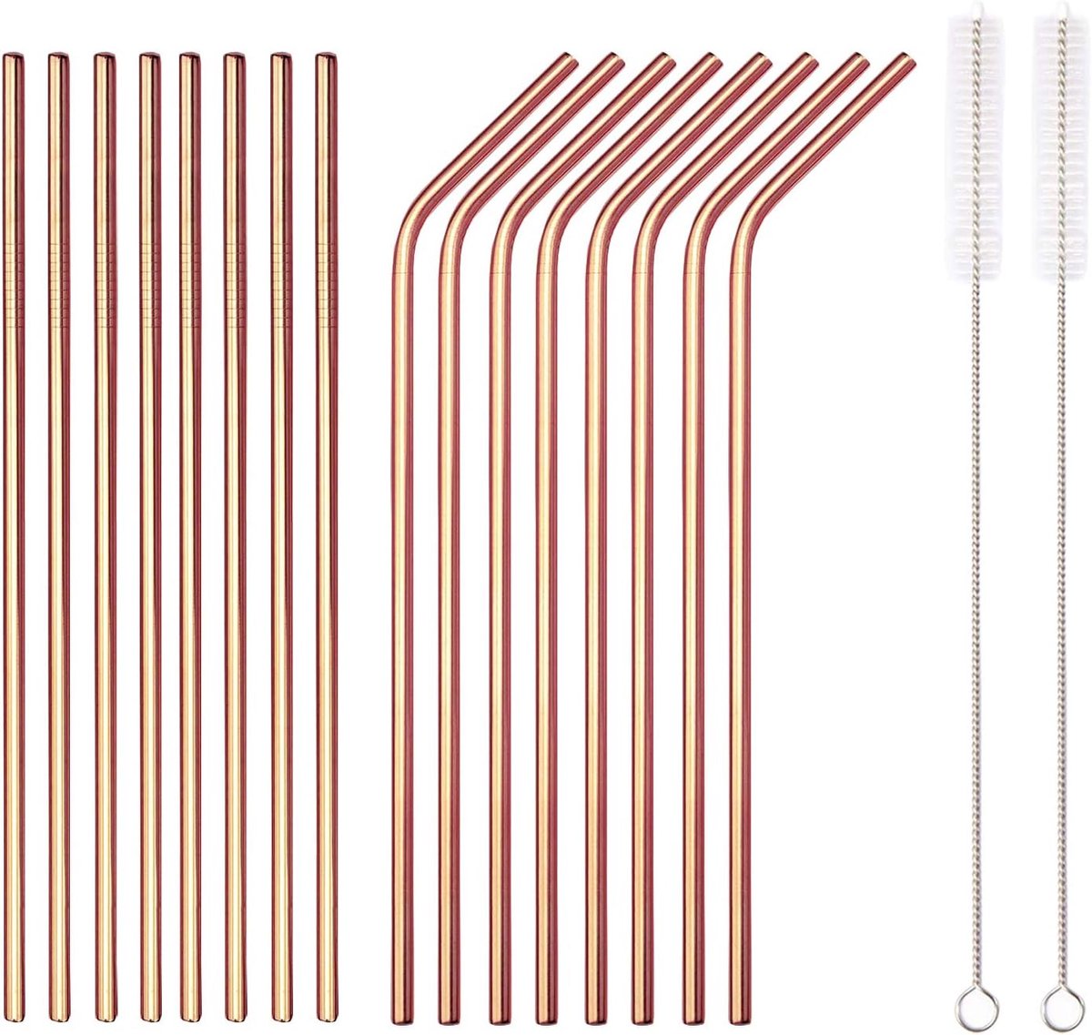 Sander Shop 18-Delige Koper Roestvrijstalen Rietjes, Herbruikbare Rietjes Van 8,5 Inch Met Koper, Met Draagtas (8 Recht/8 Gebogen / 2 Borstels)