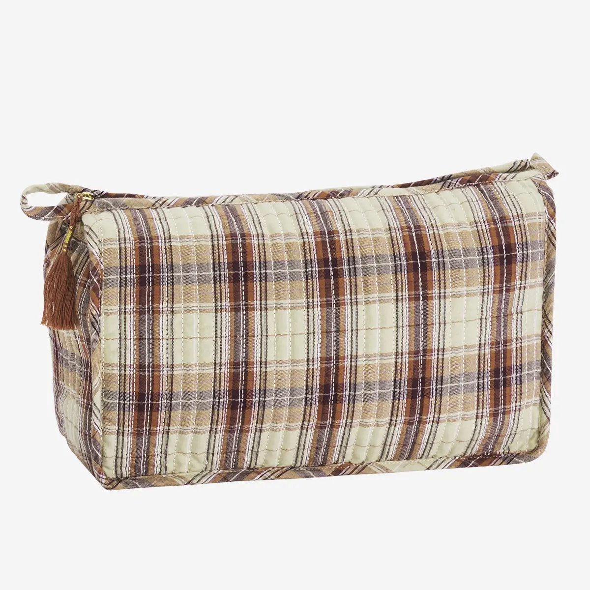 Madam Stoltz - Gewatteerde Toilettas in Retro Ruit - Beige/bruin/oranje - 30x9x20 cm