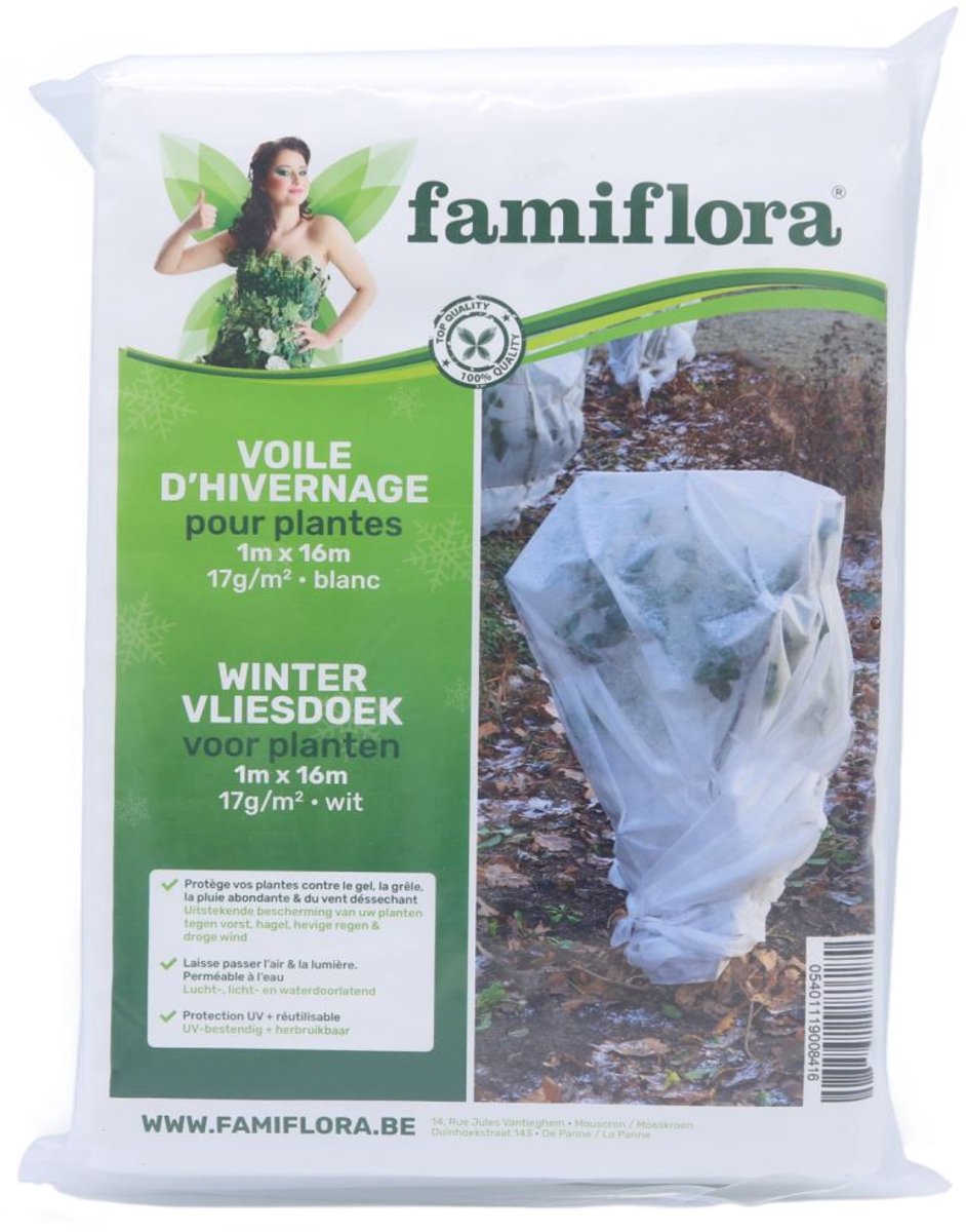 Famiflora winter vliesdoek voor planten 1x16m - 17 g/m² - Vorstbescherming - Ademend - UV-bestendig - Beschermt planten tegen vorst zonder dat ze verstikken, zodat ze gezond blijven