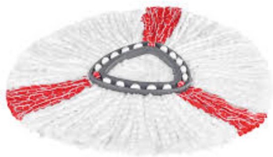 Une recharge de serpillère rotative blanche avec des franges rouges et un support gris.
