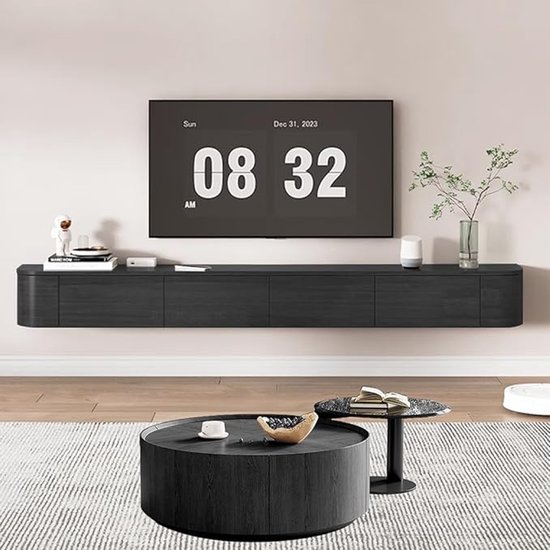 Meuble TV Massief Hout avec Siècle des Lumières LED – Meuble multimédia suspendu 180 cm | Meuble TV moderne avec portes abattantes et système de gestion des câbles | Meuble TV de Luxe Zwart pour salon | Canapé TV Premium Medahomestore®