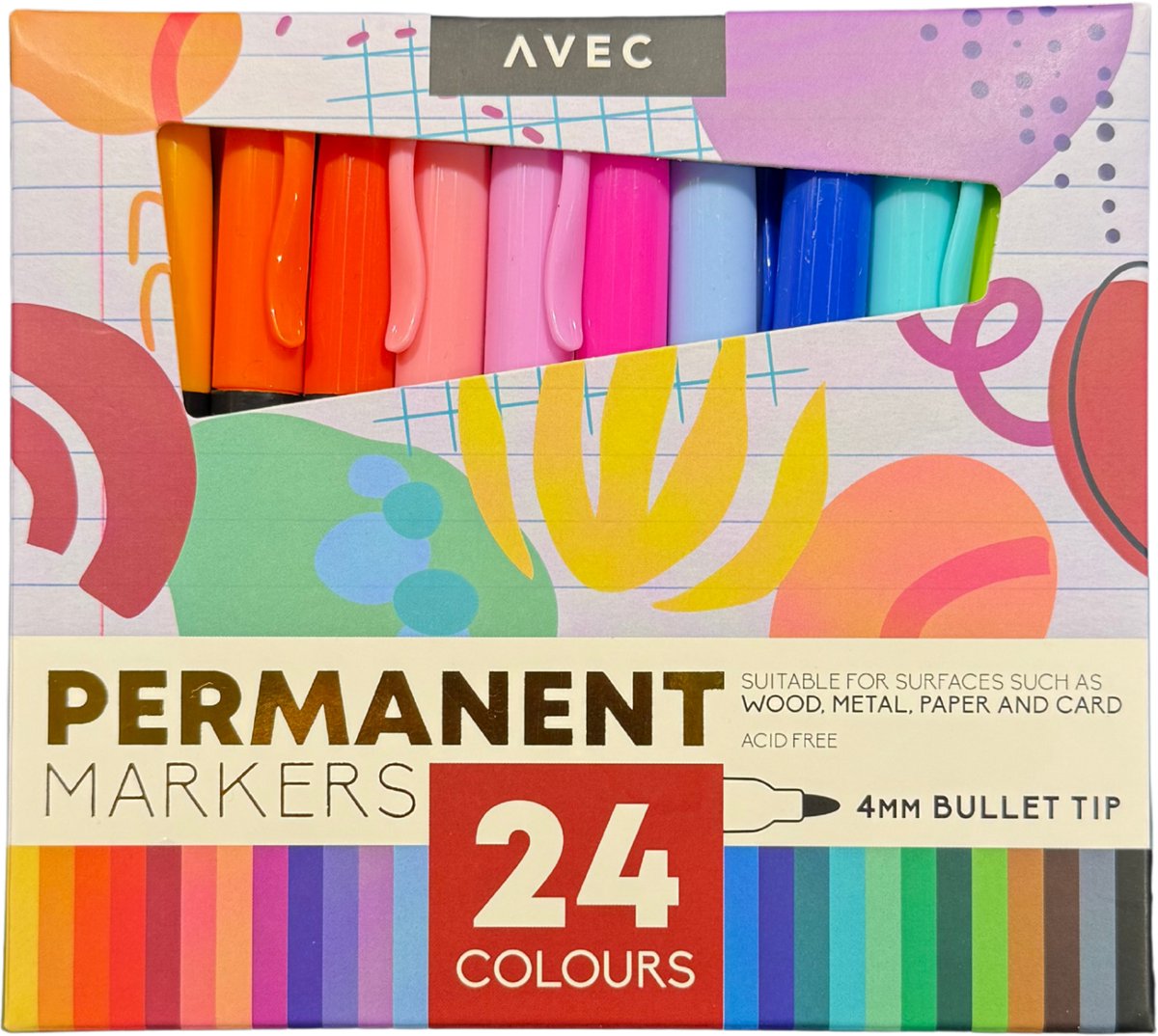 Permanent Markers 24 Kleuren – 4mm Bullet Tip – Watervaste Stiften voor Hout, Metaal, Papier & Karton – Sneldrogend & Acid Free