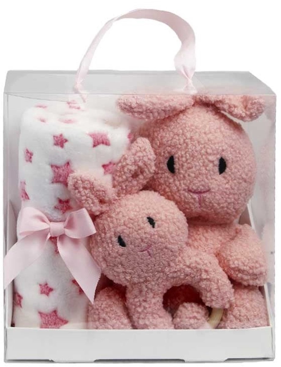 Kraam cadeau baby meisje – Baby geschenkset Konijn – Roze knuffel, bijtring en babydeken 90x75 cm – Baby cadeau – Babyshower geschenk in luxe verpakking