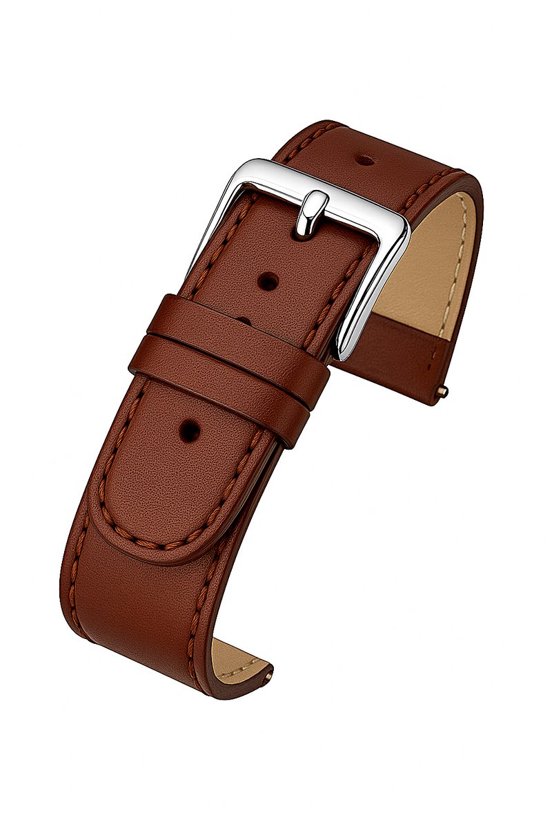 Horlogeband-horlogebandje-16mm-bruin-cognac-gestikt-echt leer-plat- stalen gesp-leer-16 mm