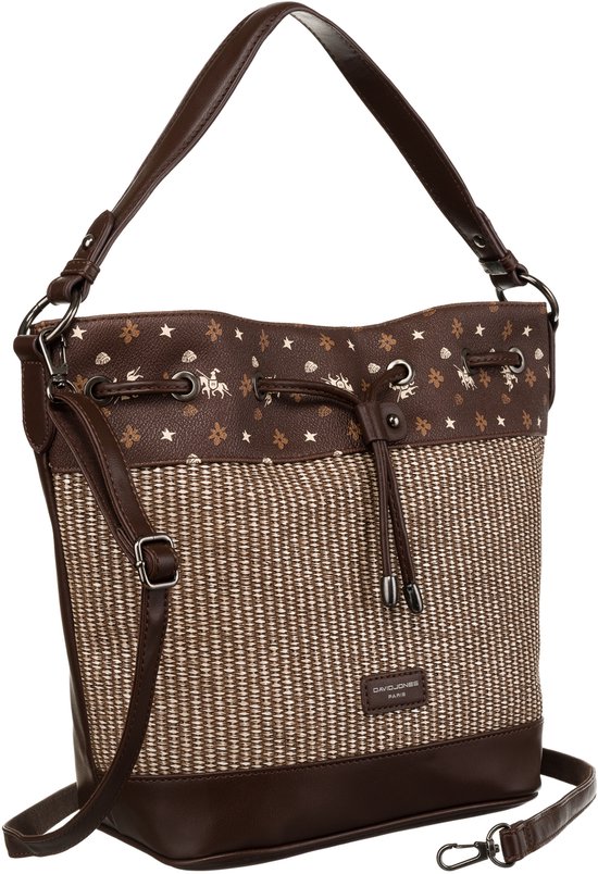Bruine David Jones bucket tas met paarden- en sterrenprint, gevlochten details en een trekkoordsluiting.