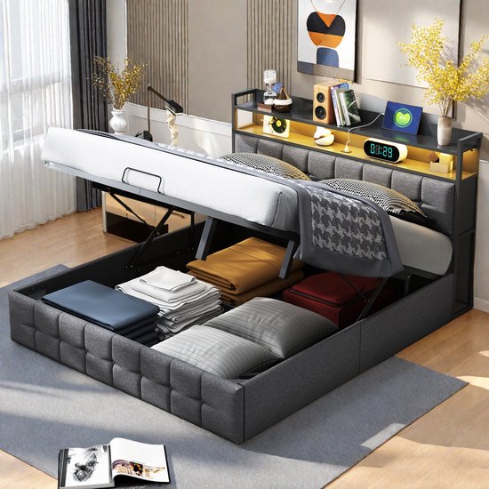 Lit double 160x200 cm – Lit coffre hydraulique avec éclairage LED, ports USB et Type-C, tête de lit Siècle des Lumières, Grijs, lin