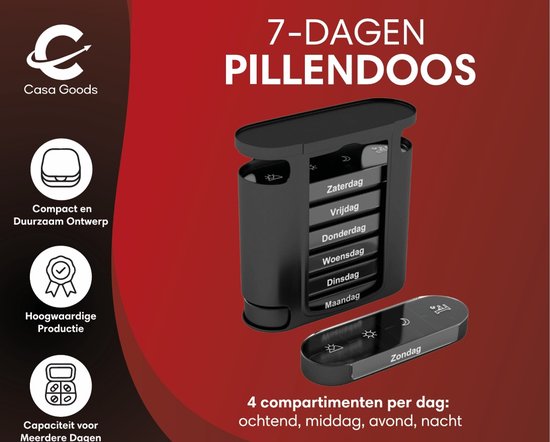 Casa Goods- Boîtes à pilules 7 jours, 4 compartiments par jour - Boîte à médicaments 7 jours - Noir