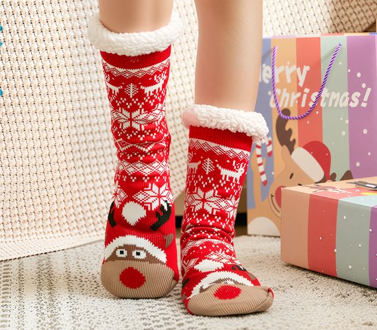 Chaussettes d'intérieur Budino - Verwarmde sokken - Chaussettes antidérapantes - Chaussettes chaudes - Chaussettes épaisses - Chaussettes moelleuses - Femmes et hommes - Motif rennes Wit et rouge Noël